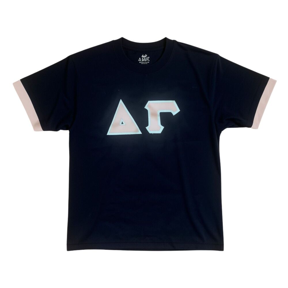 Delta Gamma Greek Letter Navy Ringer T-Shirt - Pink Cuff Trim (NWOT) Small